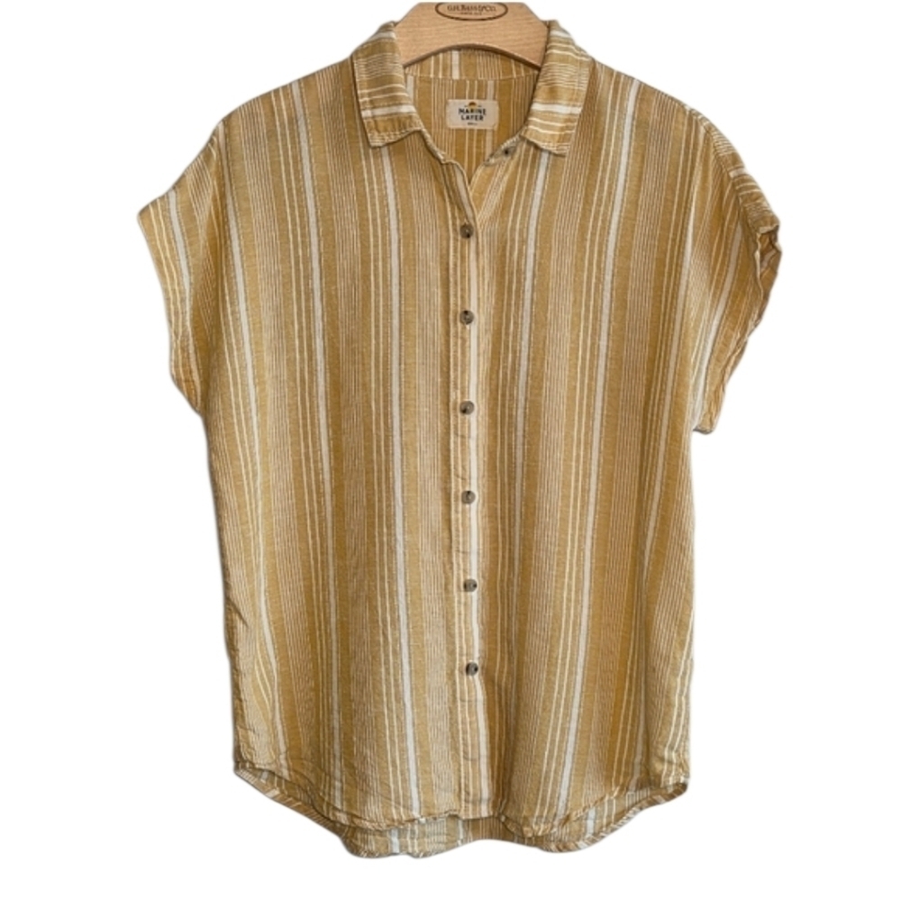 Marine Layer Button Up Butter Yellow White Striped Linen Blend Top Sz S Casual
